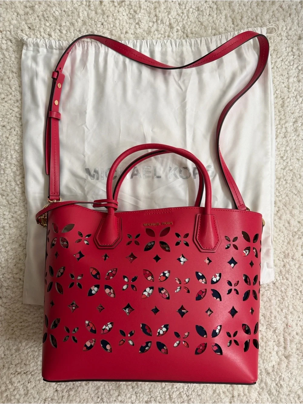 Michael Kors Bright Red Laser-Cut Floral Tote